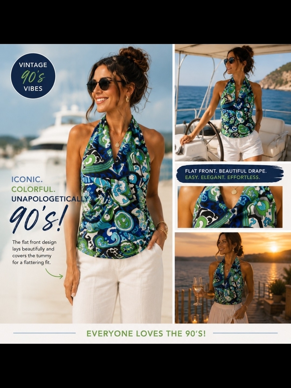 Studio 1940 Blue, Green & White Paisley Halter Top